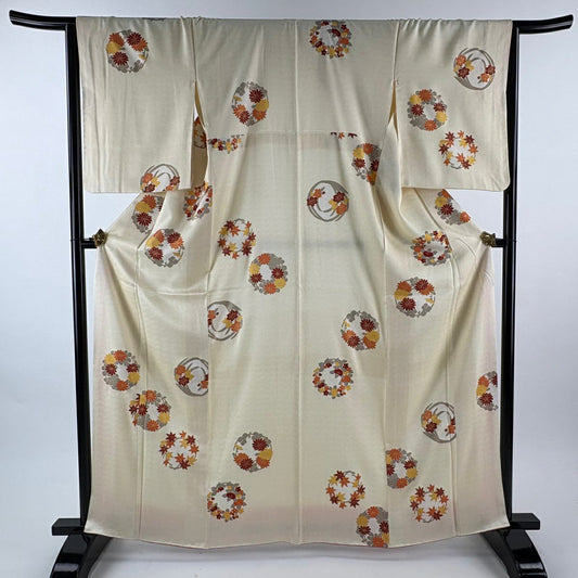 【美品】 小紋 身長163cm 袖長66cm M 雙層 花丸紋 地紋 金彩裝飾 淺黃 純蠶絲 優品級