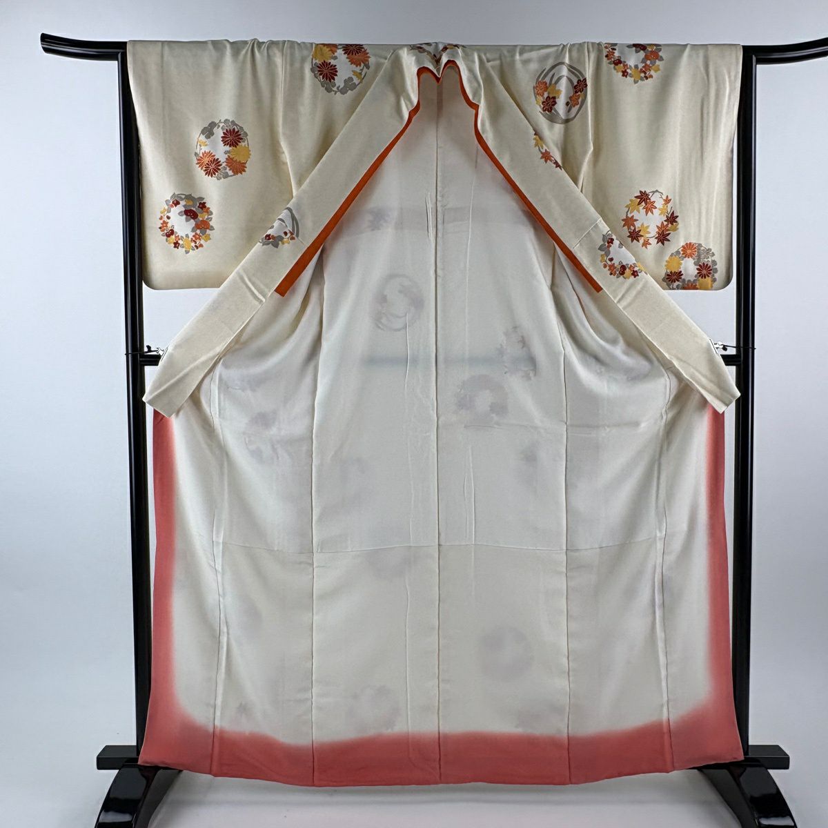 【美品】 小紋 身長163cm 袖長66cm M 雙層 花丸紋 地紋 金彩裝飾 淺黃 純蠶絲 優品級