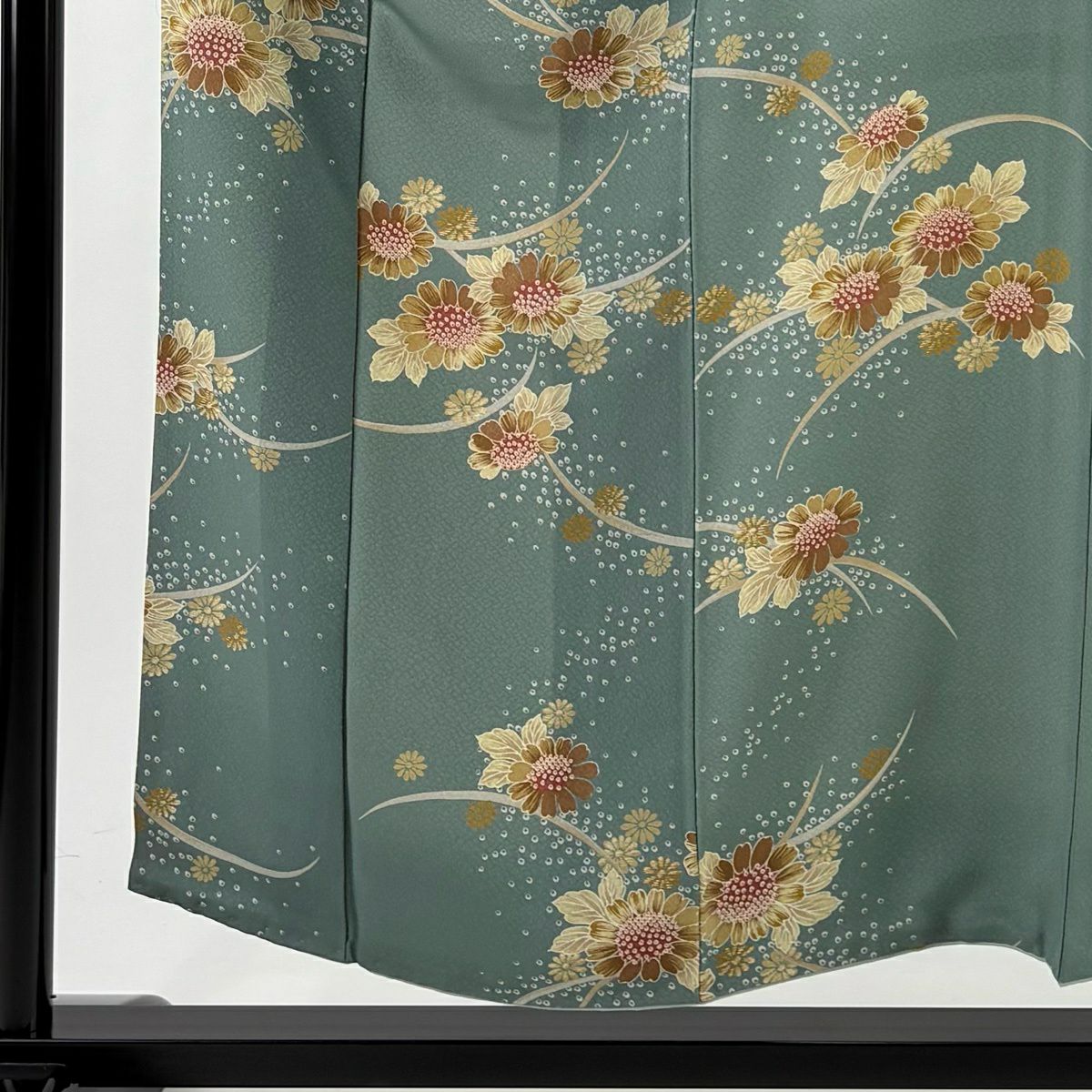 小紋 身長154.5cm 袖長61cm S 雙層 草花紋紋 芝 綠茶 純蠶絲 秀品級