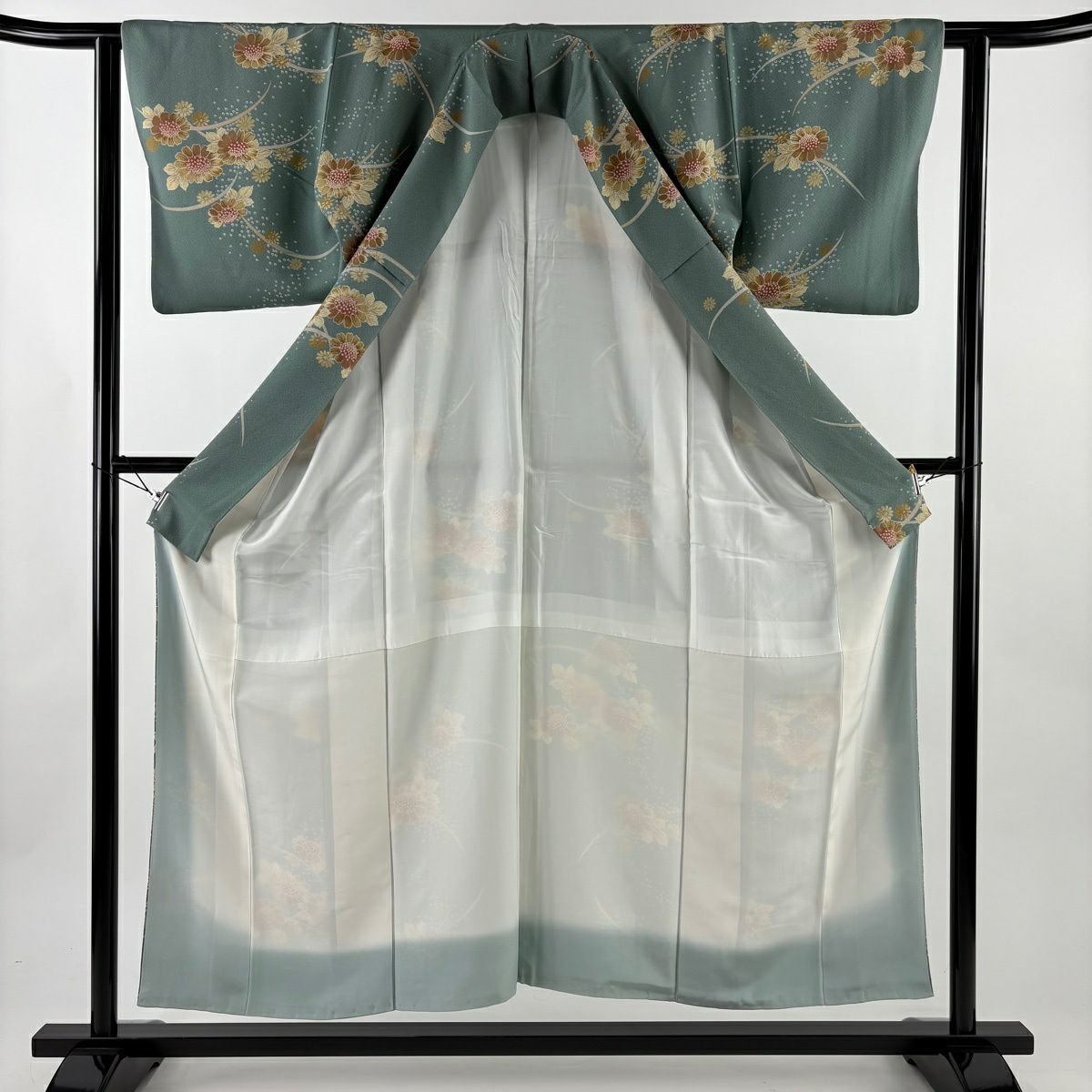 小紋 身長154.5cm 袖長61cm S 雙層 草花紋紋 芝 綠茶 純蠶絲 秀品級