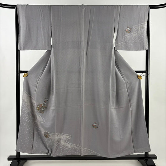 付下 身長154cm 袖長66cm M 雙層 雪輪 御所車 刺繡 金絲 灰紫 純蠶絲 優品級