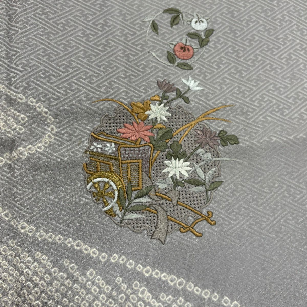 付下 身長154cm 袖長66cm M 雙層 雪輪 御所車 刺繡 金絲 灰紫 純蠶絲 優品級