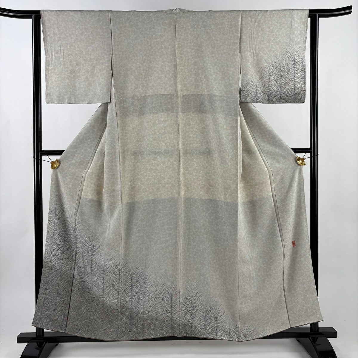【美品】 付下 身長156.5cm 袖長62cm S 雙層 落款あり 葉紋 地紋 灰 純蠶絲 秀品級
