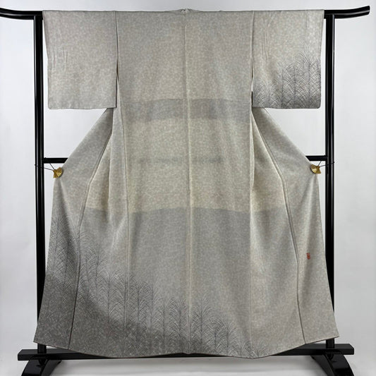 【美品】 付下 身長156.5cm 袖長62cm S 雙層 落款あり 葉紋 地紋 灰 純蠶絲 秀品級