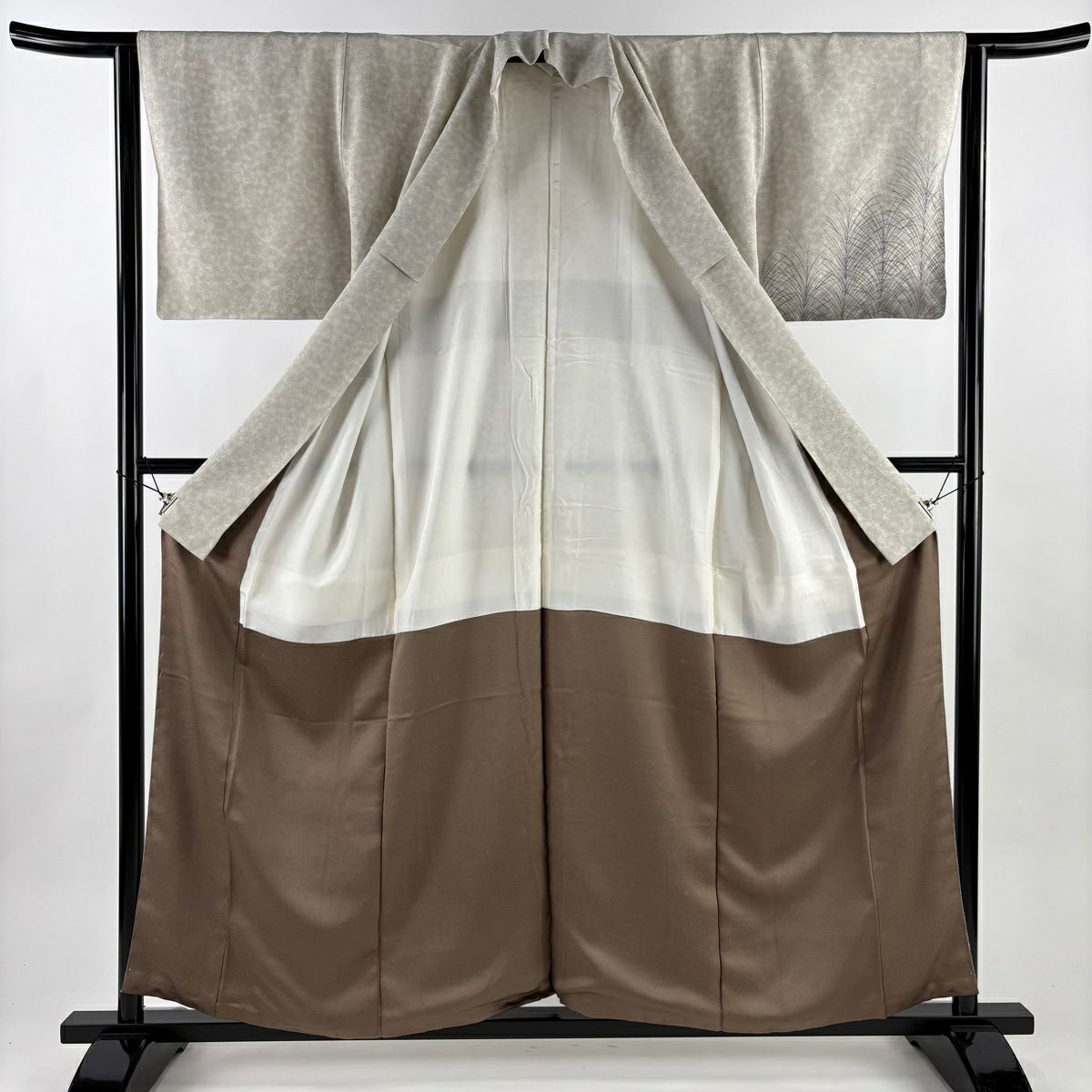 【美品】 付下 身長156.5cm 袖長62cm S 雙層 落款あり 葉紋 地紋 灰 純蠶絲 秀品級