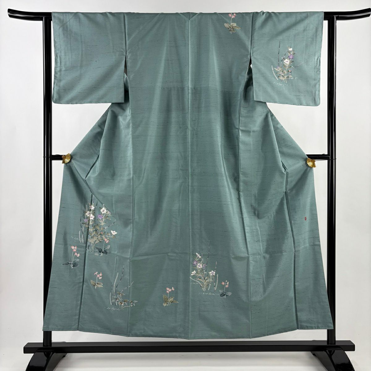 【美品】 付下 身長155cm 袖長62.5cm S 雙層 紬織織 落款あり 桔梗 木賊 灰綠 純蠶絲 秀品級