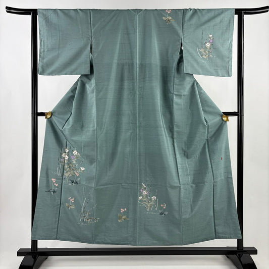 【美品】 付下 身長155cm 袖長62.5cm S 雙層 紬織織 落款あり 桔梗 木賊 灰綠 純蠶絲 秀品級
