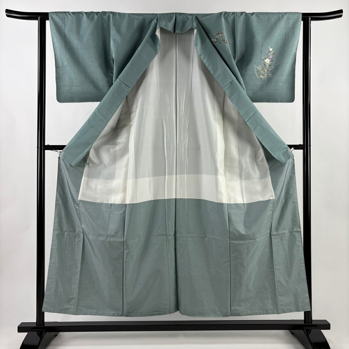 【美品】 付下 身長155cm 袖長62.5cm S 雙層 紬織織 落款あり 桔梗 木賊 灰綠 純蠶絲 秀品級