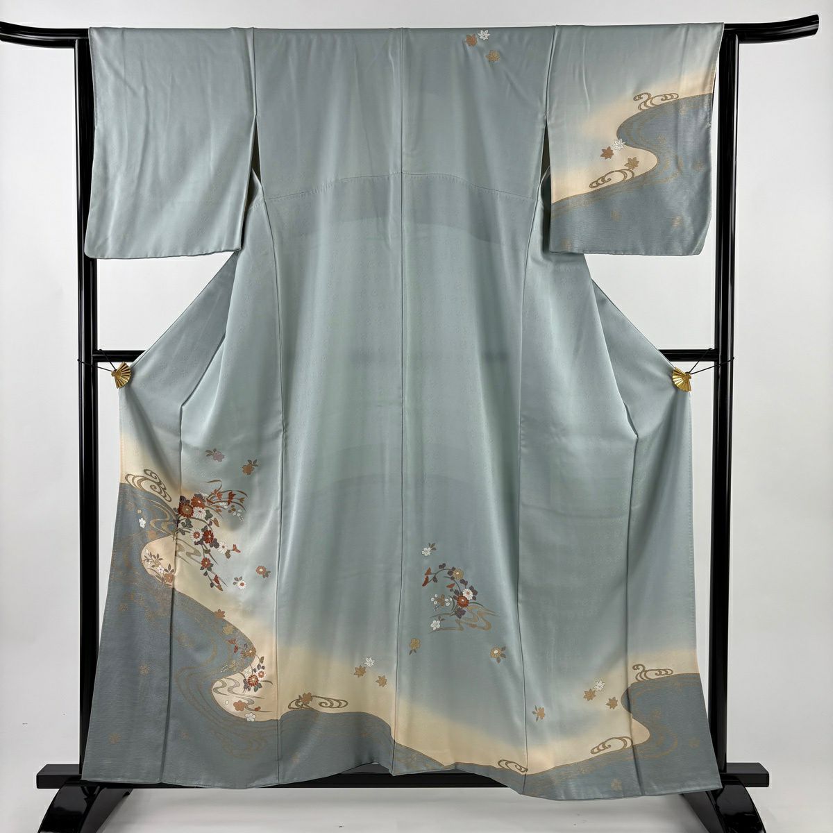 訪問服 身長157.5cm 袖長64cm M 雙層 草花紋紋 流水 金彩裝飾 染分 青灰 純蠶絲 秀品級