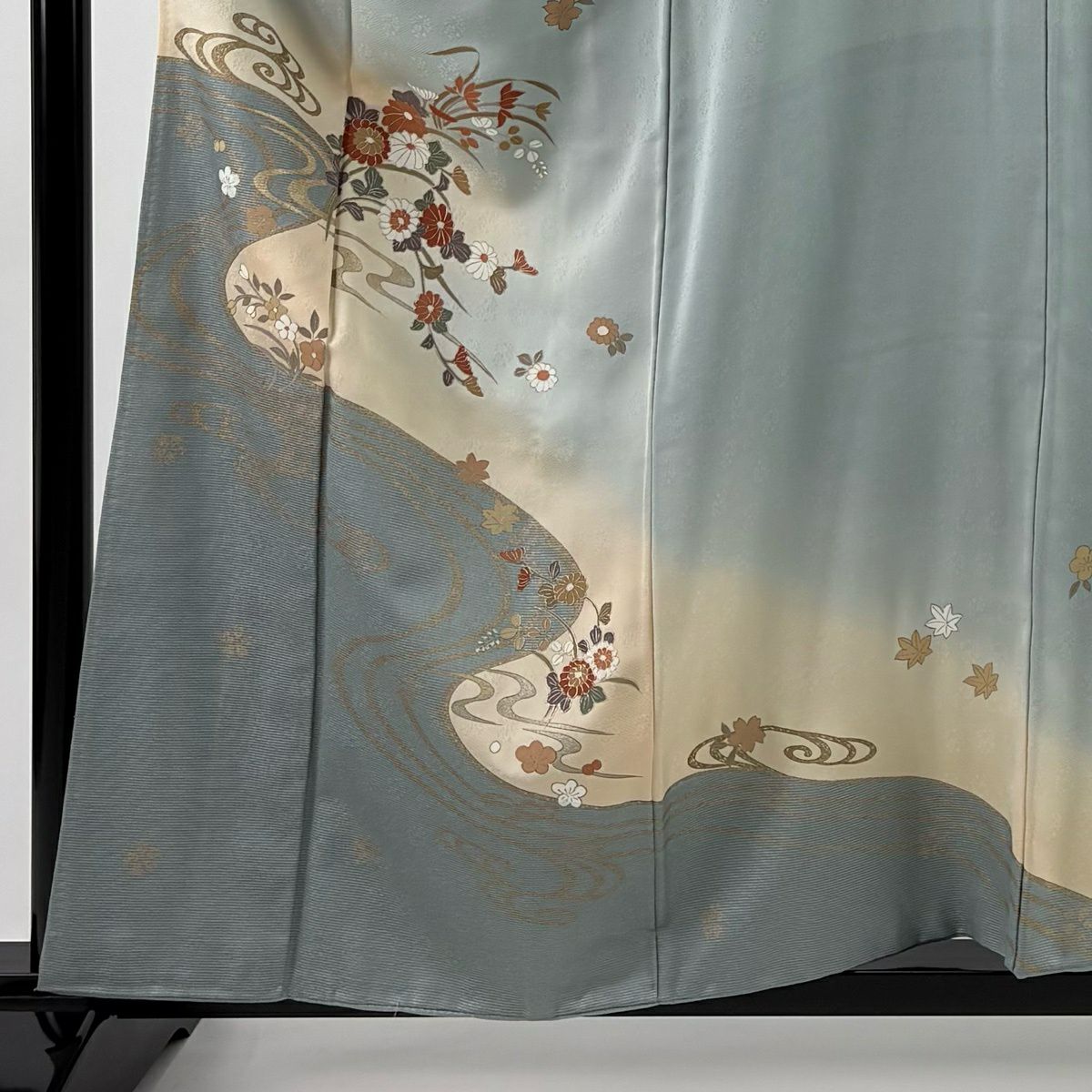 訪問服 身長157.5cm 袖長64cm M 雙層 草花紋紋 流水 金彩裝飾 染分 青灰 純蠶絲 秀品級