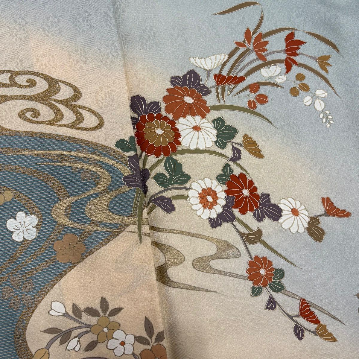 訪問服 身長157.5cm 袖長64cm M 雙層 草花紋紋 流水 金彩裝飾 染分 青灰 純蠶絲 秀品級