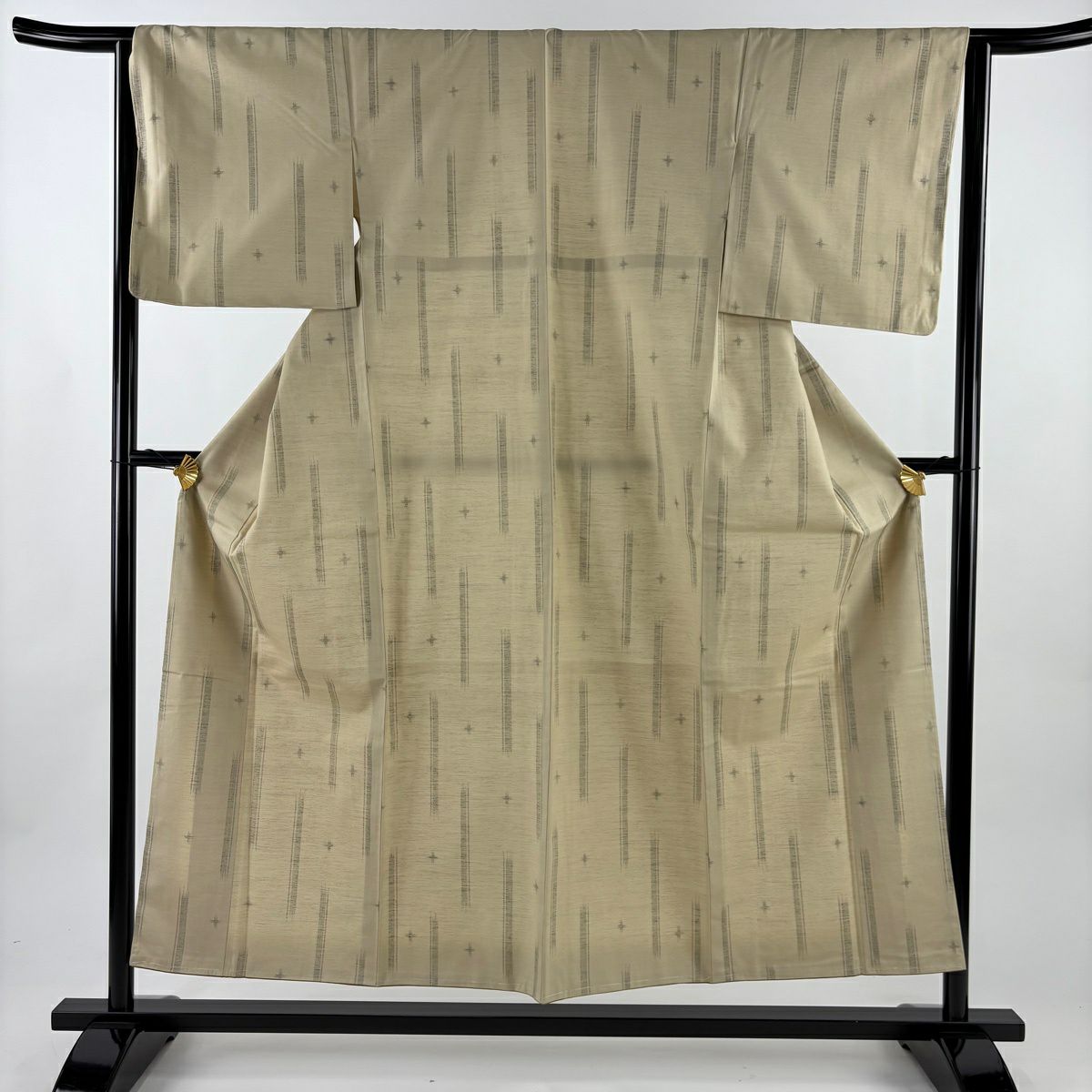 【美品】 紬織 身長155.5cm 袖長63.5cm S 雙層 十字絣 縞紋 米色 化纖 優品級