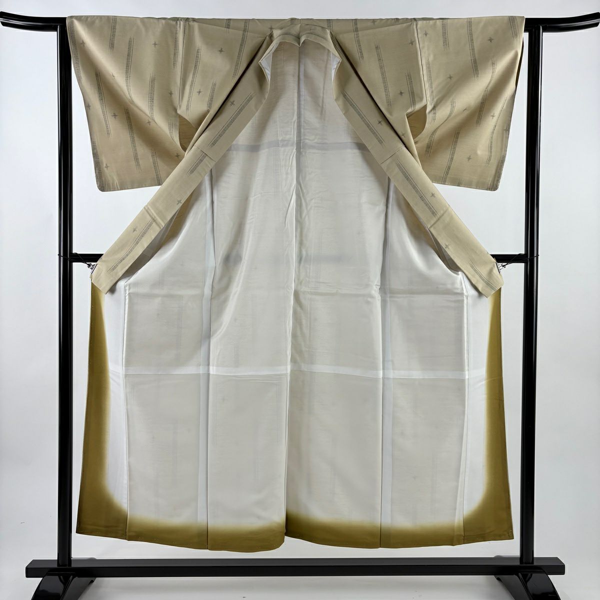 【美品】 紬織 身長155.5cm 袖長63.5cm S 雙層 十字絣 縞紋 米色 化纖 優品級