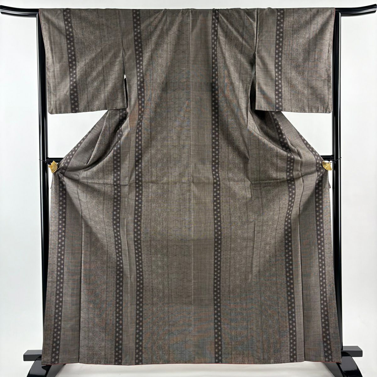 【美品】 紬織 身長166cm 袖長65cm M 雙層 麻葉紋 縞紋 焦茶 純蠶絲 優品級