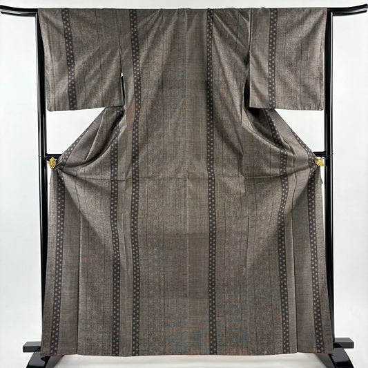 【美品】 紬織 身長166cm 袖長65cm M 雙層 麻葉紋 縞紋 焦茶 純蠶絲 優品級