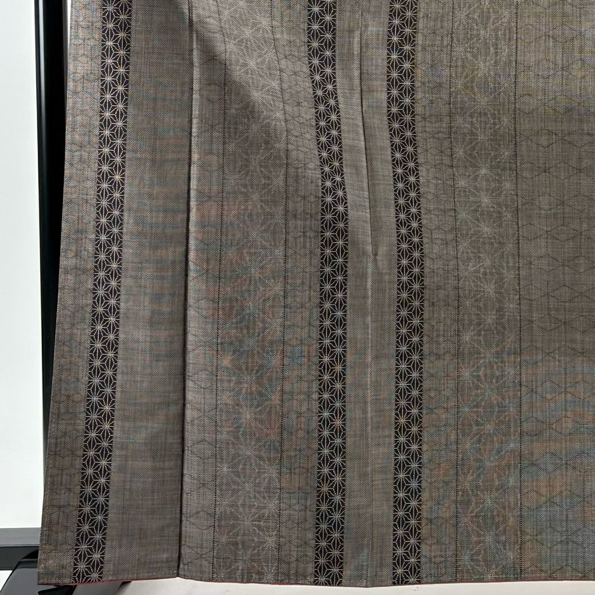 【美品】 紬織 身長166cm 袖長65cm M 雙層 麻葉紋 縞紋 焦茶 純蠶絲 優品級