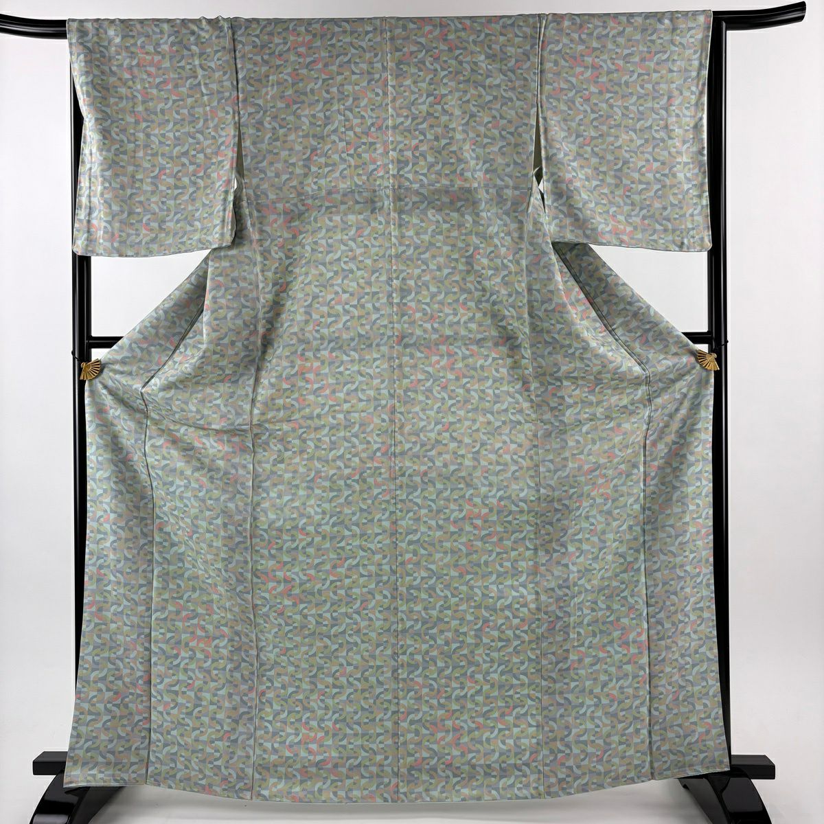 【美品】 小紋 身長165cm 袖長66cm M 雙層 幾何學圖案 水藍色 純蠶絲 優品級