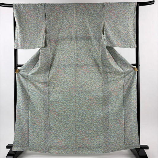 【美品】 小紋 身長165cm 袖長66cm M 雙層 幾何學圖案 水藍色 純蠶絲 優品級