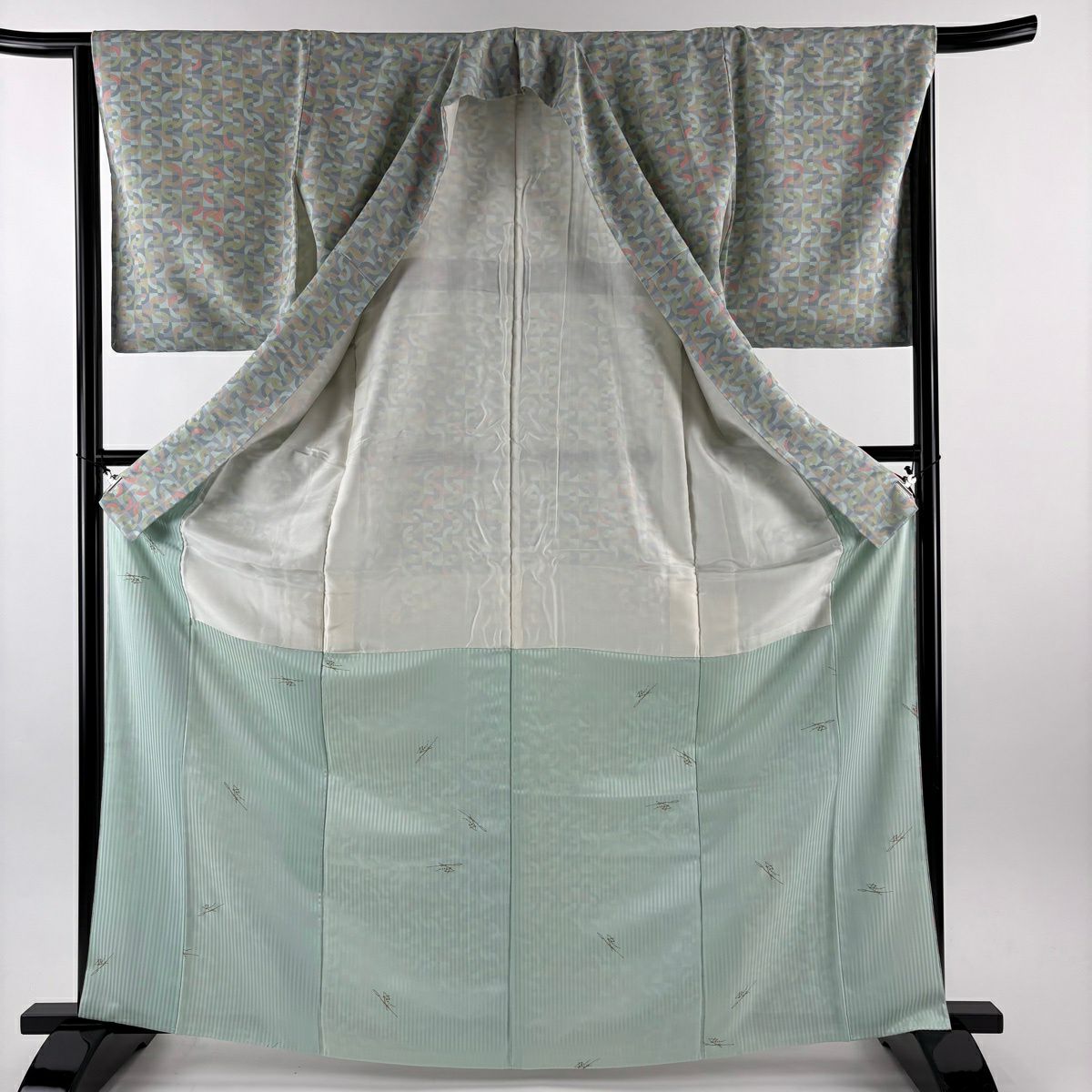 【美品】 小紋 身長165cm 袖長66cm M 雙層 幾何學圖案 水藍色 純蠶絲 優品級