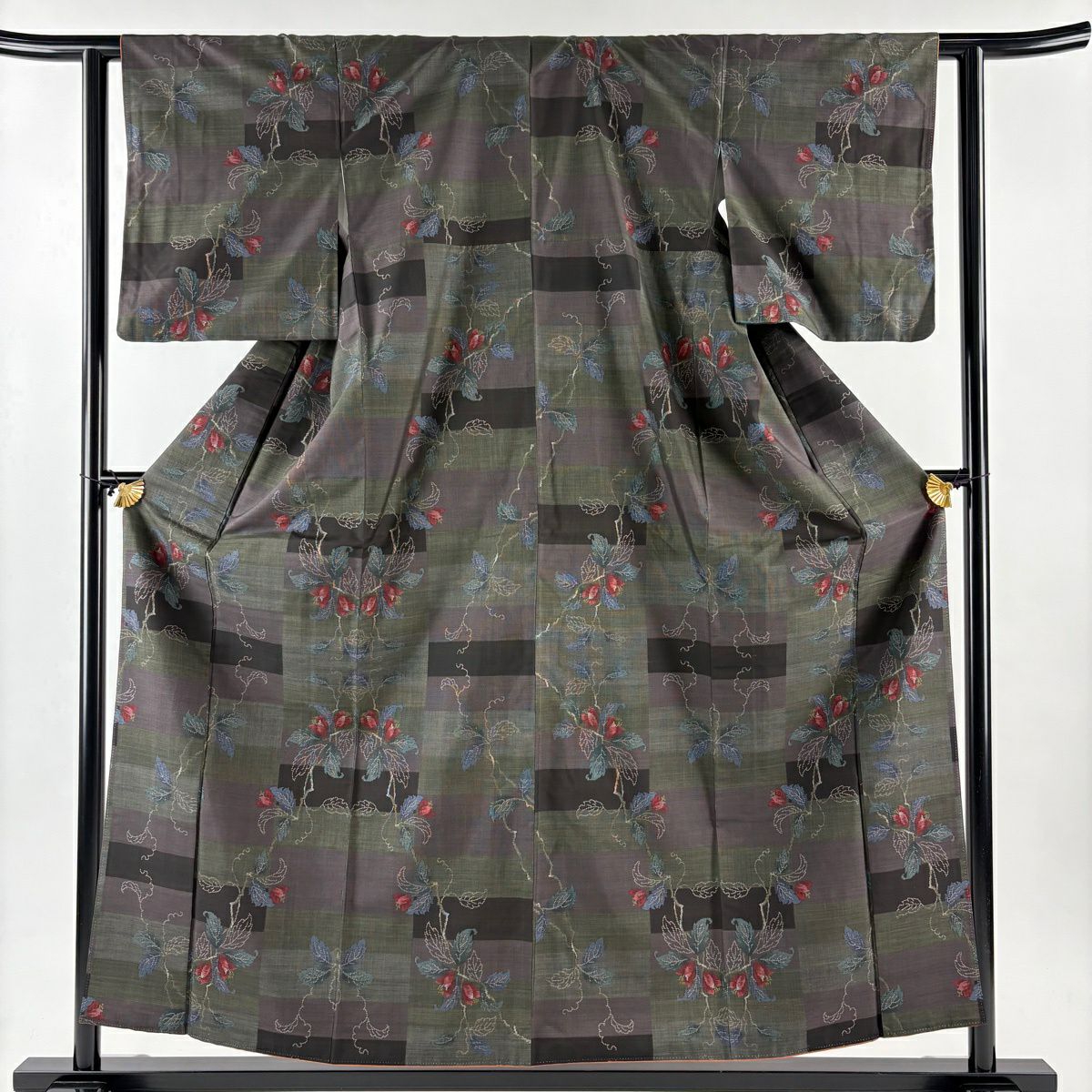 【美品】 紬織 身長156cm 袖長60.5cm S 雙層 草花紋幾何圖案 深綠 純蠶絲 優品級