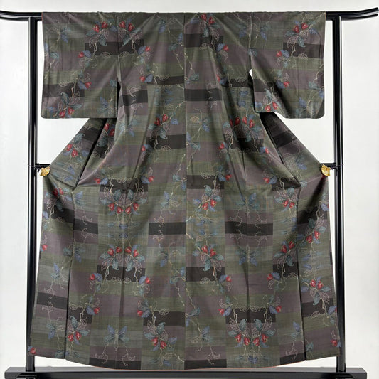 【美品】 紬織 身長156cm 袖長60.5cm S 雙層 草花紋幾何圖案 深綠 純蠶絲 優品級