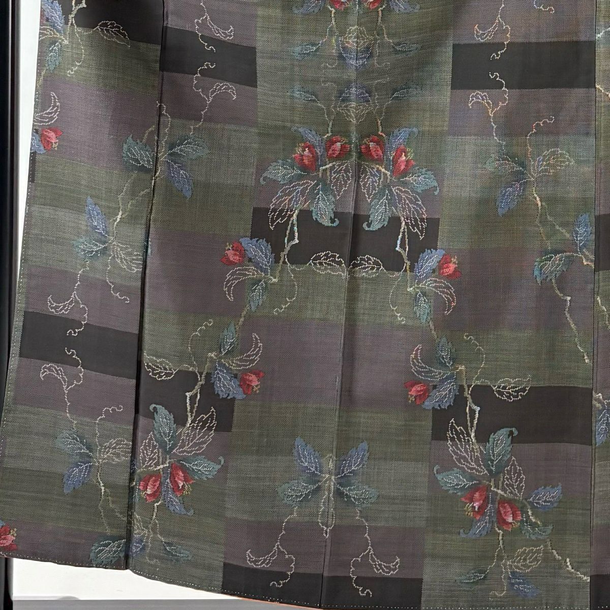 【美品】 紬織 身長156cm 袖長60.5cm S 雙層 草花紋幾何圖案 深綠 純蠶絲 優品級