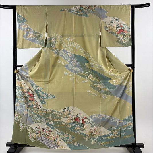 訪問服 身長164cm 袖長62.5cm S 雙層 草花紋紋 霞 金彩裝飾 染分 抹茶 純蠶絲 秀品級
