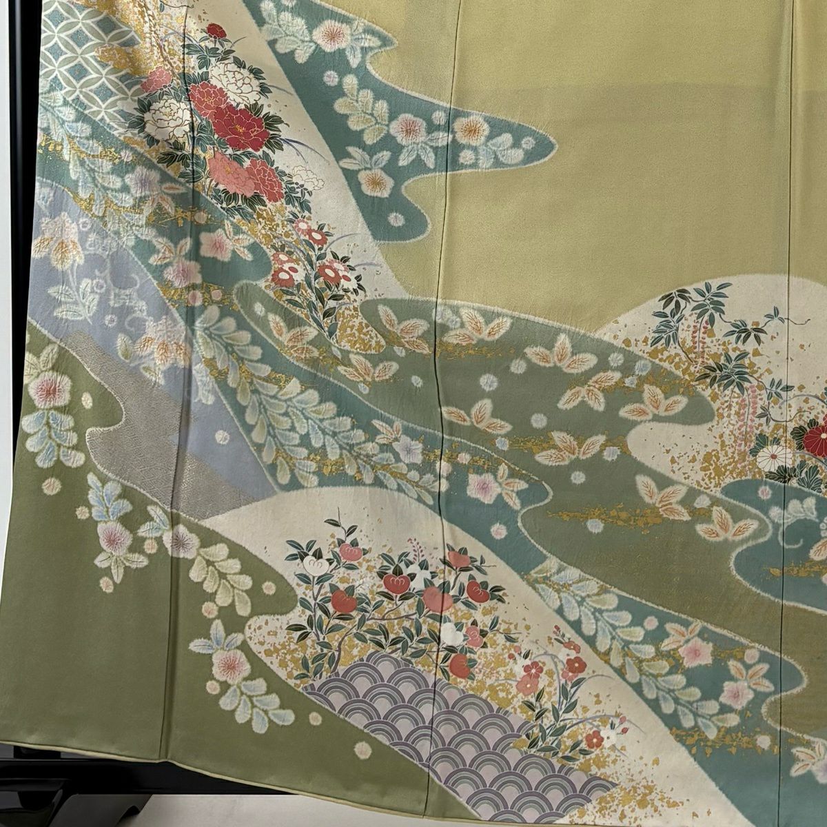 訪問服 身長164cm 袖長62.5cm S 雙層 草花紋紋 霞 金彩裝飾 染分 抹茶 純蠶絲 秀品級