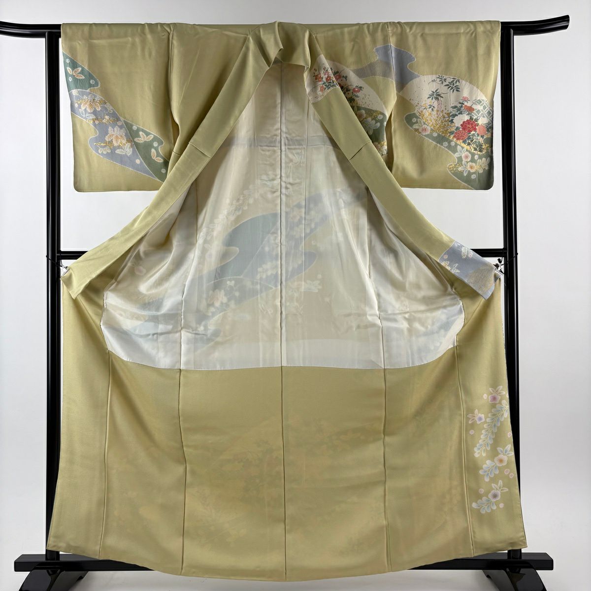 訪問服 身長164cm 袖長62.5cm S 雙層 草花紋紋 霞 金彩裝飾 染分 抹茶 純蠶絲 秀品級