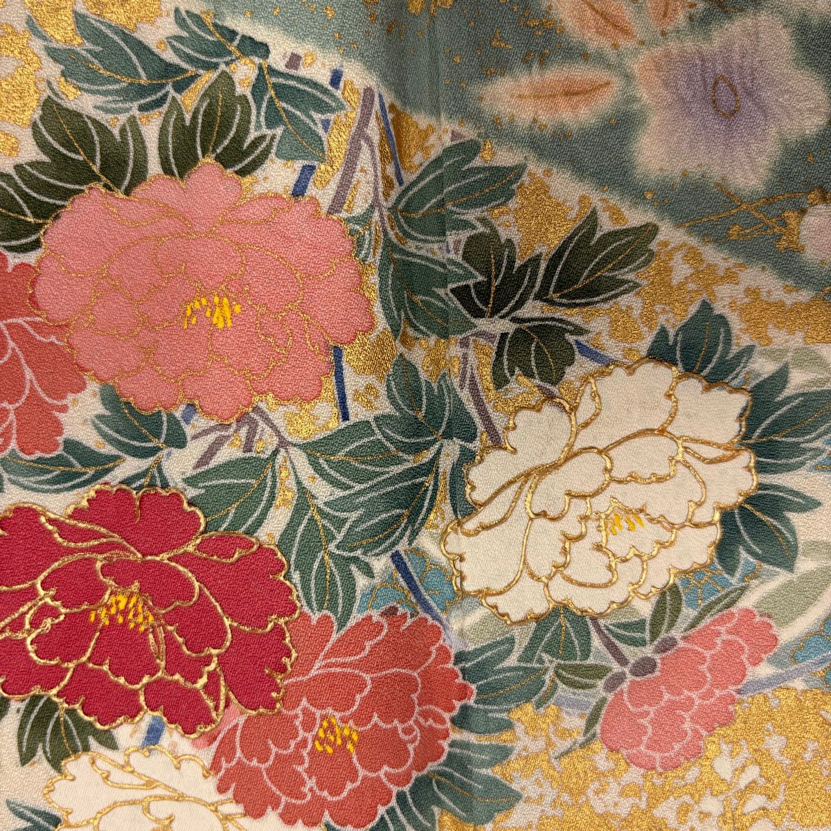 訪問服 身長164cm 袖長62.5cm S 雙層 草花紋紋 霞 金彩裝飾 染分 抹茶 純蠶絲 秀品級