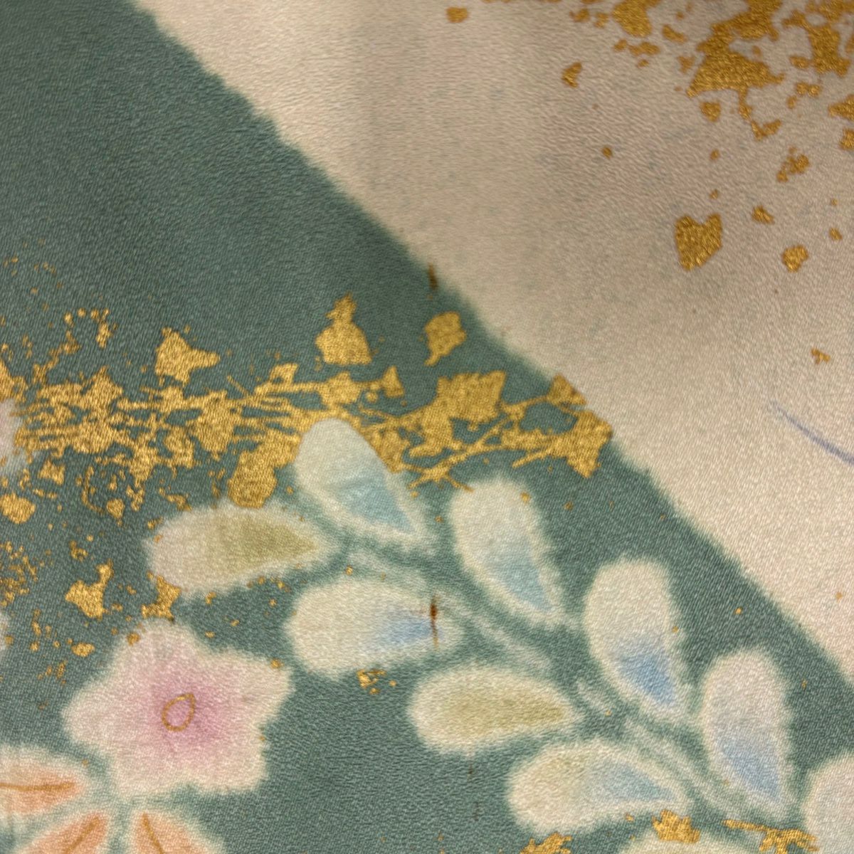 訪問服 身長164cm 袖長62.5cm S 雙層 草花紋紋 霞 金彩裝飾 染分 抹茶 純蠶絲 秀品級