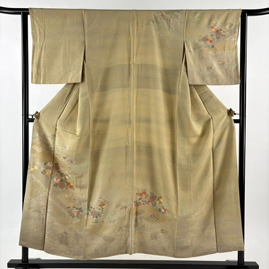 訪問服 身長152cm 袖長62.5cm S 雙層 草花紋紋 雲文 刺繡 茶綠 純蠶絲 秀品級