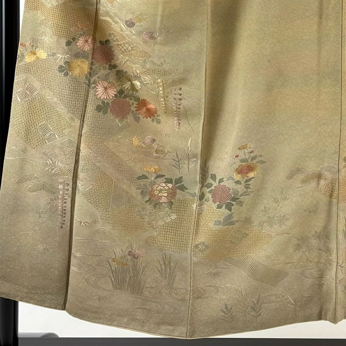 訪問服 身長152cm 袖長62.5cm S 雙層 草花紋紋 雲文 刺繡 茶綠 純蠶絲 秀品級