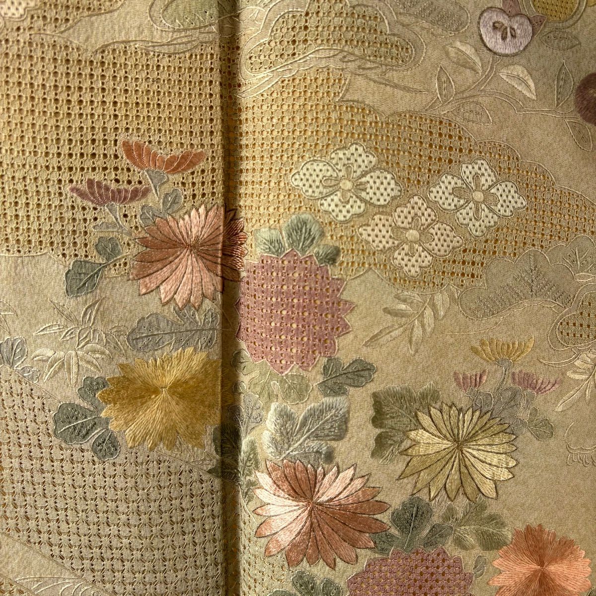 訪問服 身長152cm 袖長62.5cm S 雙層 草花紋紋 雲文 刺繡 茶綠 純蠶絲 秀品級