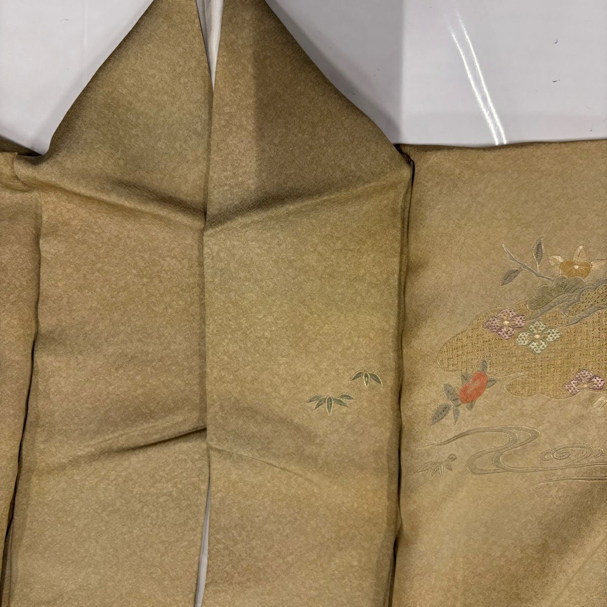 訪問服 身長152cm 袖長62.5cm S 雙層 草花紋紋 雲文 刺繡 茶綠 純蠶絲 秀品級
