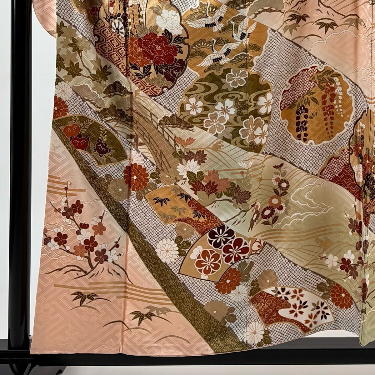 振袖禮服 身長156cm 袖長64cm M 雙層 雪輪 松樹竹子梅花 金銀彩 漸層 淺粉色 純蠶絲 優品級