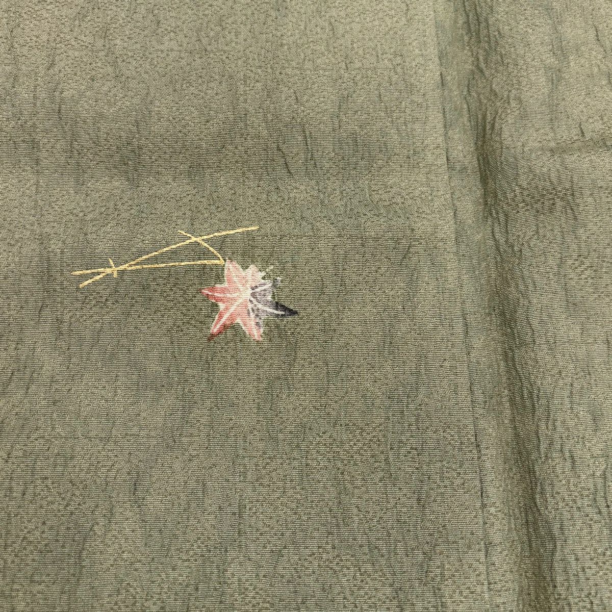 小紋 身長158.5cm 袖長64cm M 雙層 草木染 松樹葉 楓 金彩裝飾 灰綠 純蠶絲 秀品級