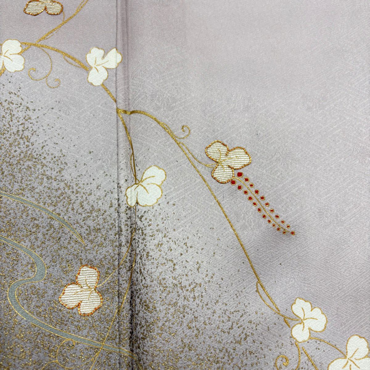 付下 身長159.5cm 袖長63cm S 雙層 落款 草花紋紋 波頭 金銀彩 刺繡 淺紫 純蠶絲 優品級