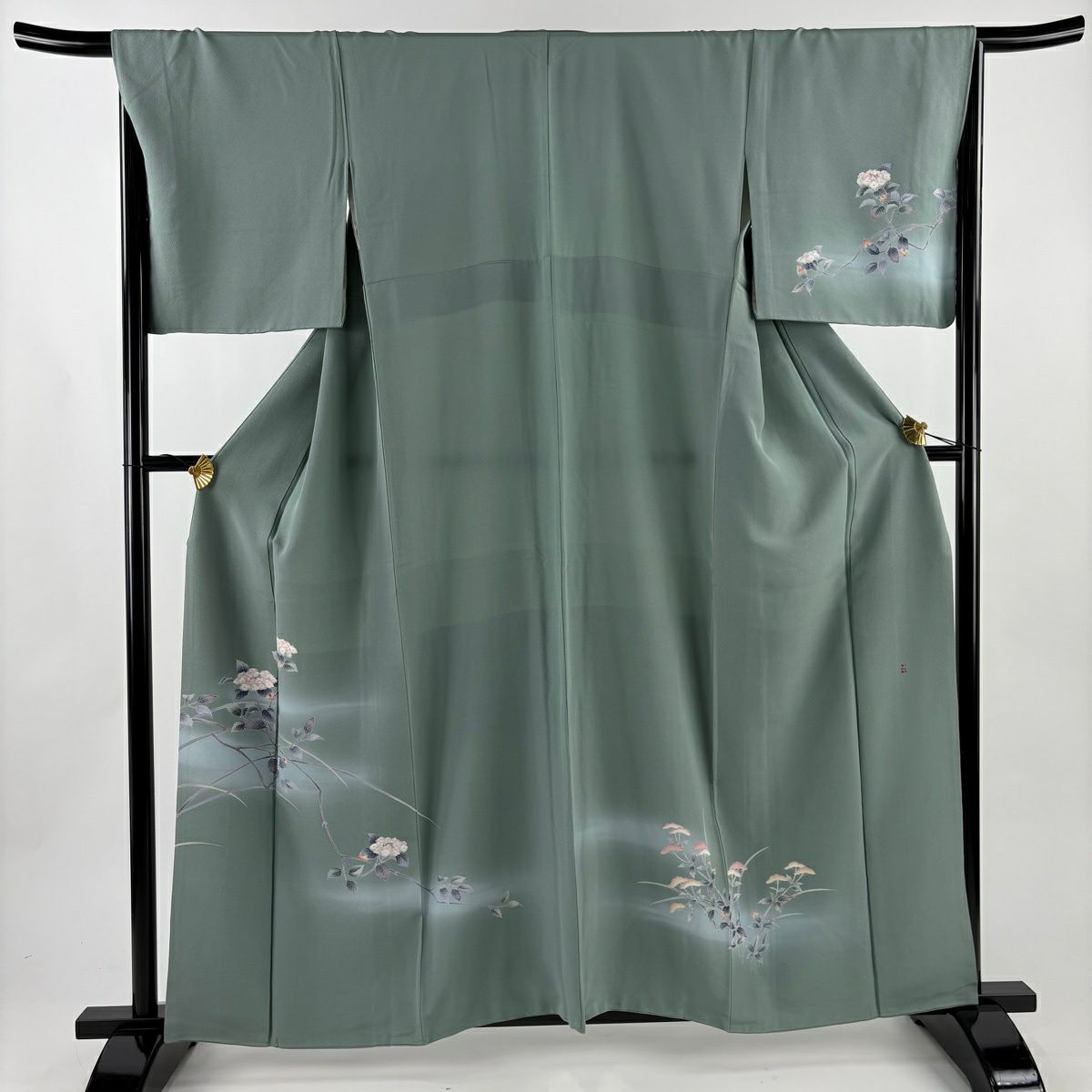 訪問服 身長160cm 袖長67cm M 雙層 落款 紫陽花 漸層 灰綠 純蠶絲 秀品級