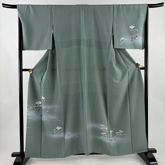 訪問服 身長160cm 袖長67cm M 雙層 落款 紫陽花 漸層 灰綠 純蠶絲 秀品級