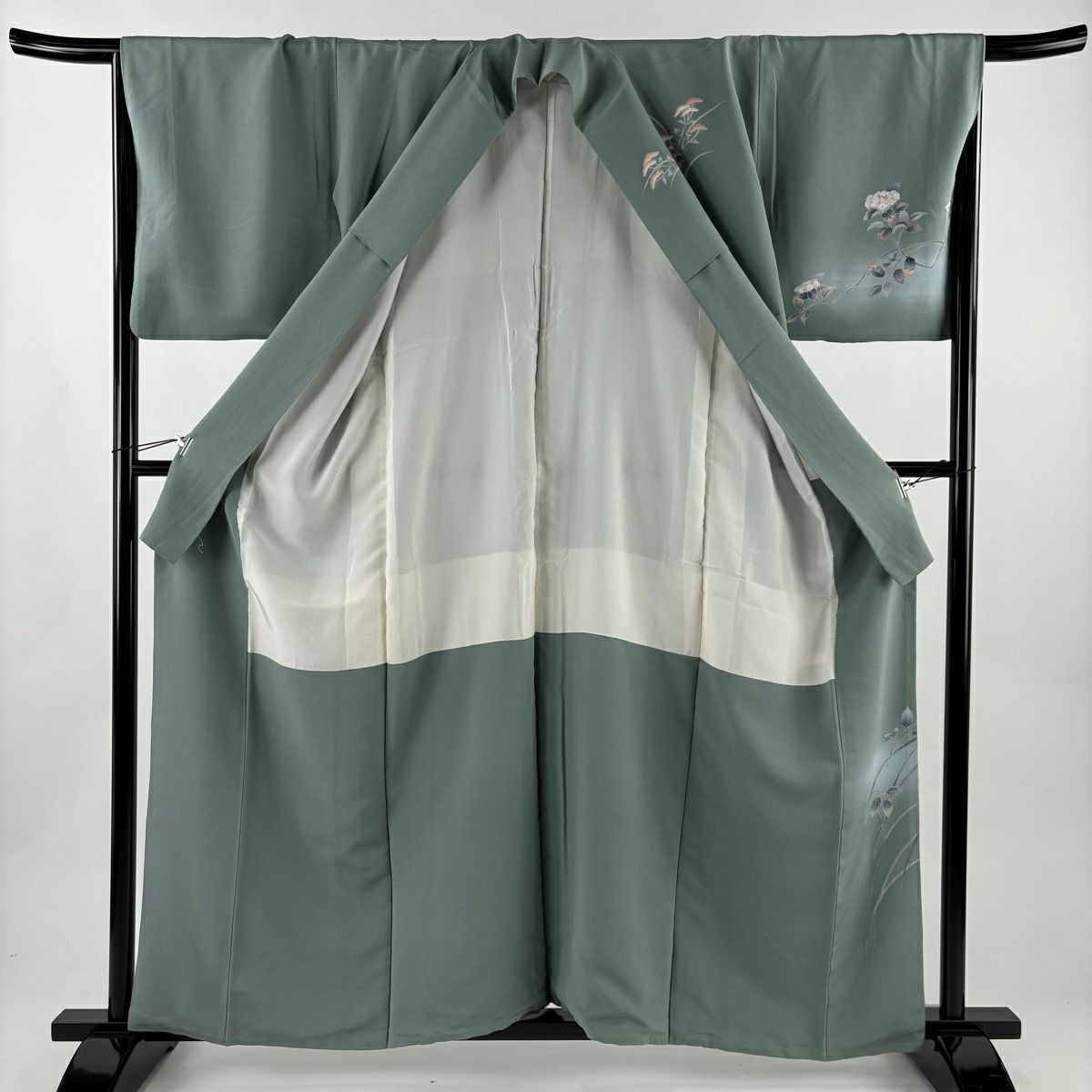 訪問服 身長160cm 袖長67cm M 雙層 落款 紫陽花 漸層 灰綠 純蠶絲 秀品級