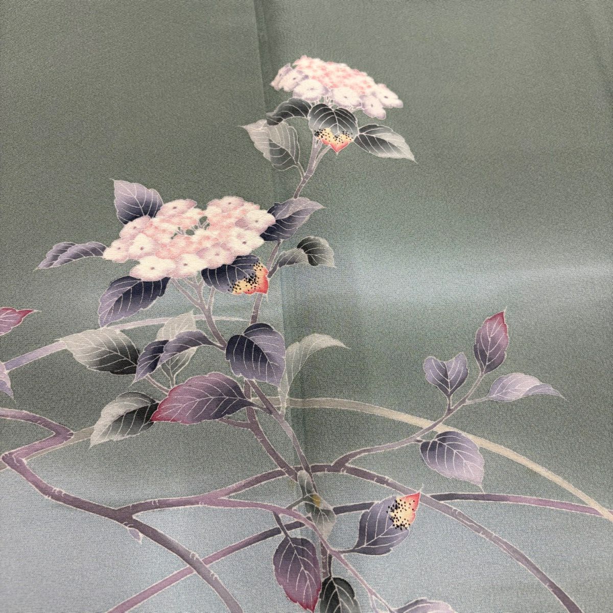 訪問服 身長160cm 袖長67cm M 雙層 落款 紫陽花 漸層 灰綠 純蠶絲 秀品級