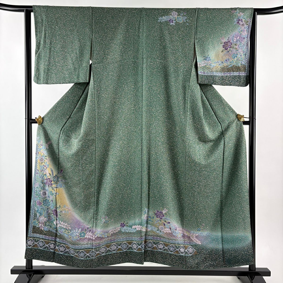 【美品】訪問服 身長154.5cm 袖長63cm S 雙層 草花紋紋 七寶紋 綠 純蠶絲 秀品級