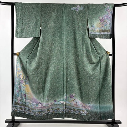 【美品】訪問服 身長154.5cm 袖長63cm S 雙層 草花紋紋 七寶紋 綠 純蠶絲 秀品級
