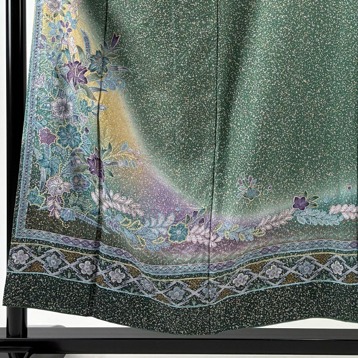 【美品】訪問服 身長154.5cm 袖長63cm S 雙層 草花紋紋 七寶紋 綠 純蠶絲 秀品級
