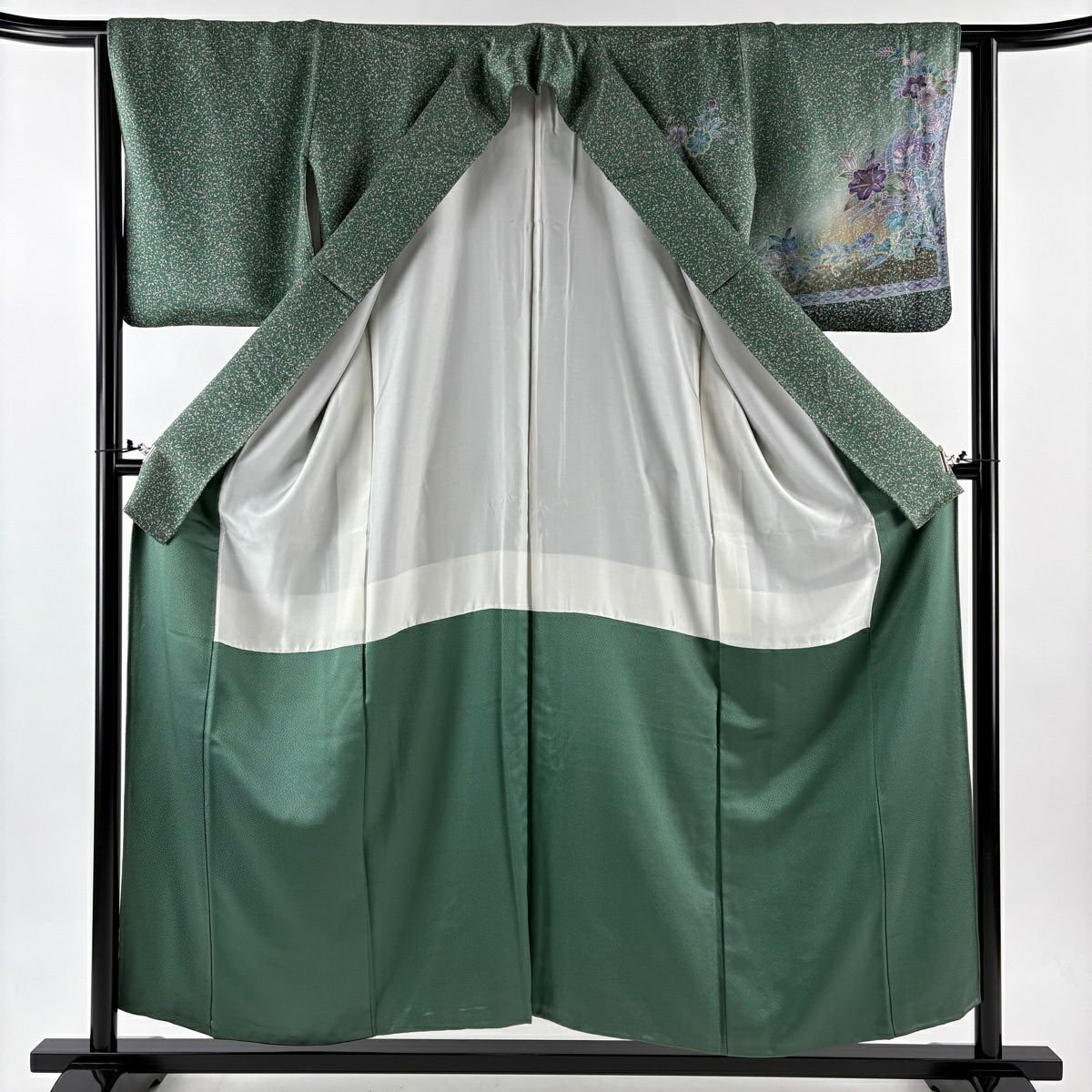 【美品】訪問服 身長154.5cm 袖長63cm S 雙層 草花紋紋 七寶紋 綠 純蠶絲 秀品級