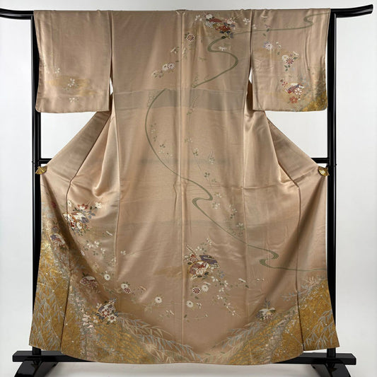 訪問服 身長159cm 袖長64.5cm M 雙層 扇子面 草花紋紋 金絲 金銀彩 粉米色 純蠶絲 優品級
