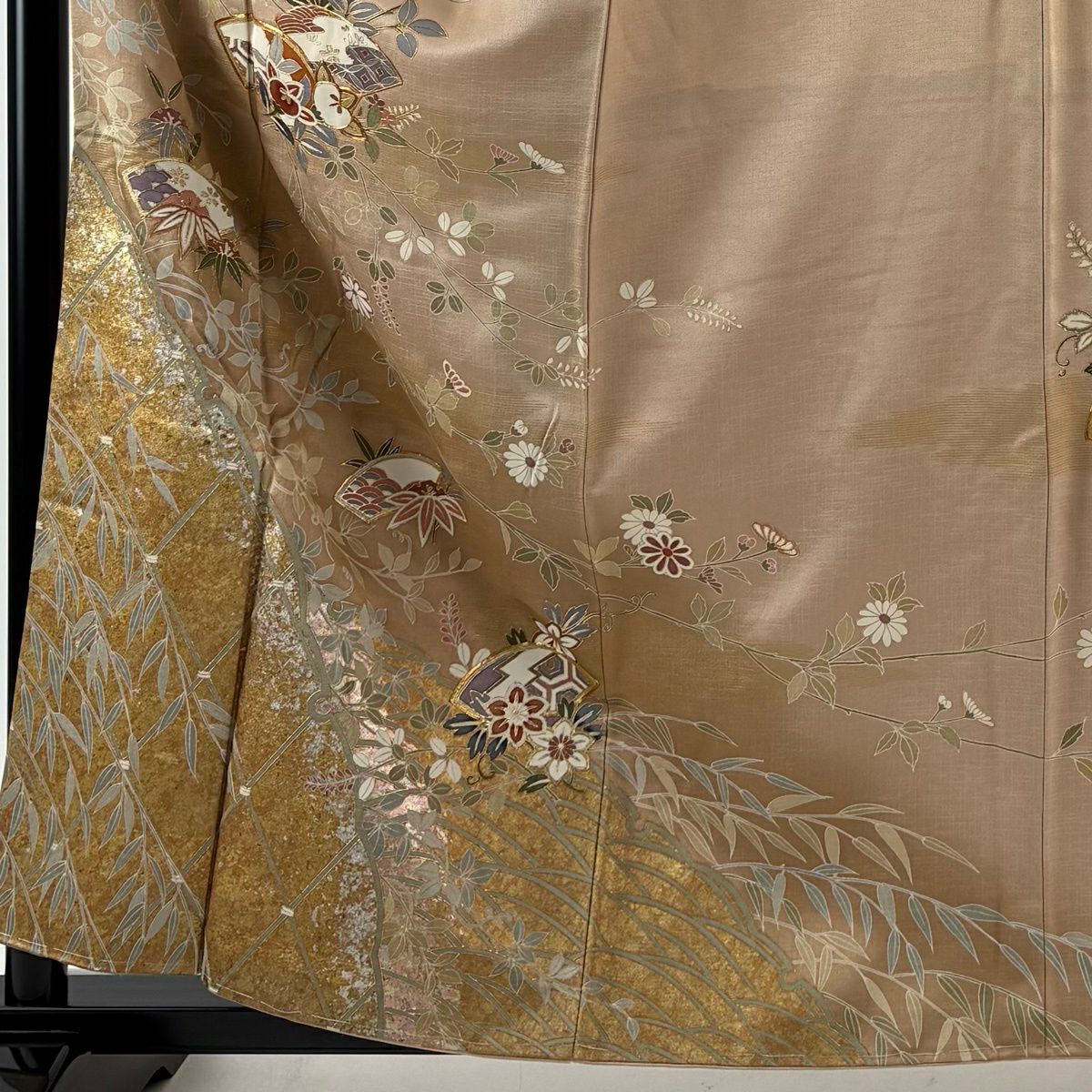 訪問服 身長159cm 袖長64.5cm M 雙層 扇子面 草花紋紋 金絲 金銀彩 粉米色 純蠶絲 優品級