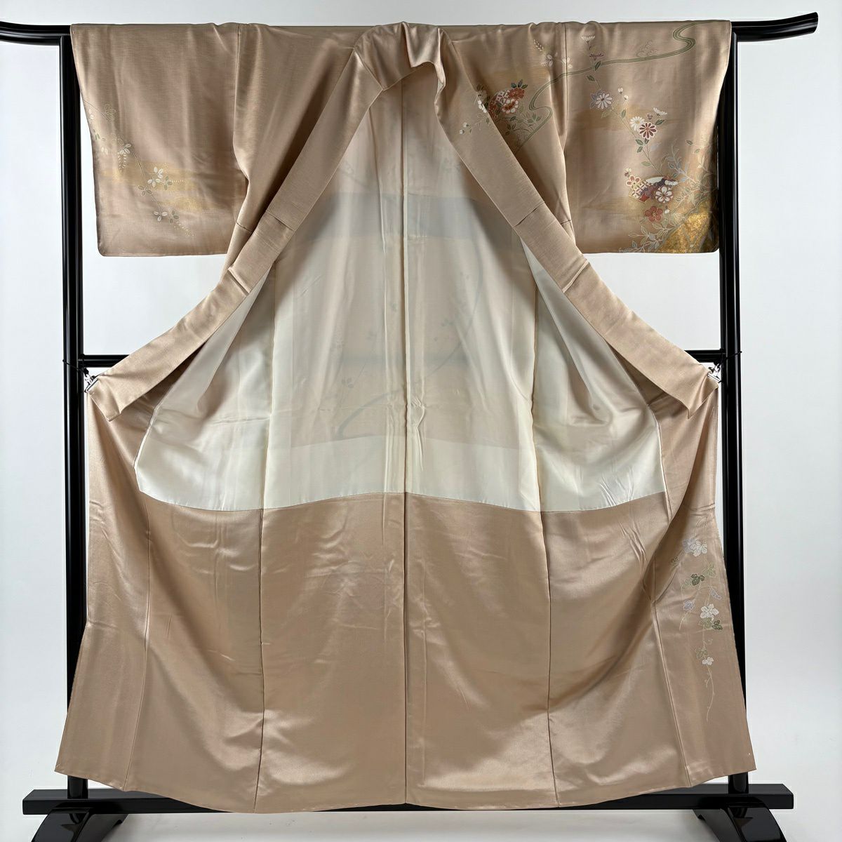 訪問服 身長159cm 袖長64.5cm M 雙層 扇子面 草花紋紋 金絲 金銀彩 粉米色 純蠶絲 優品級