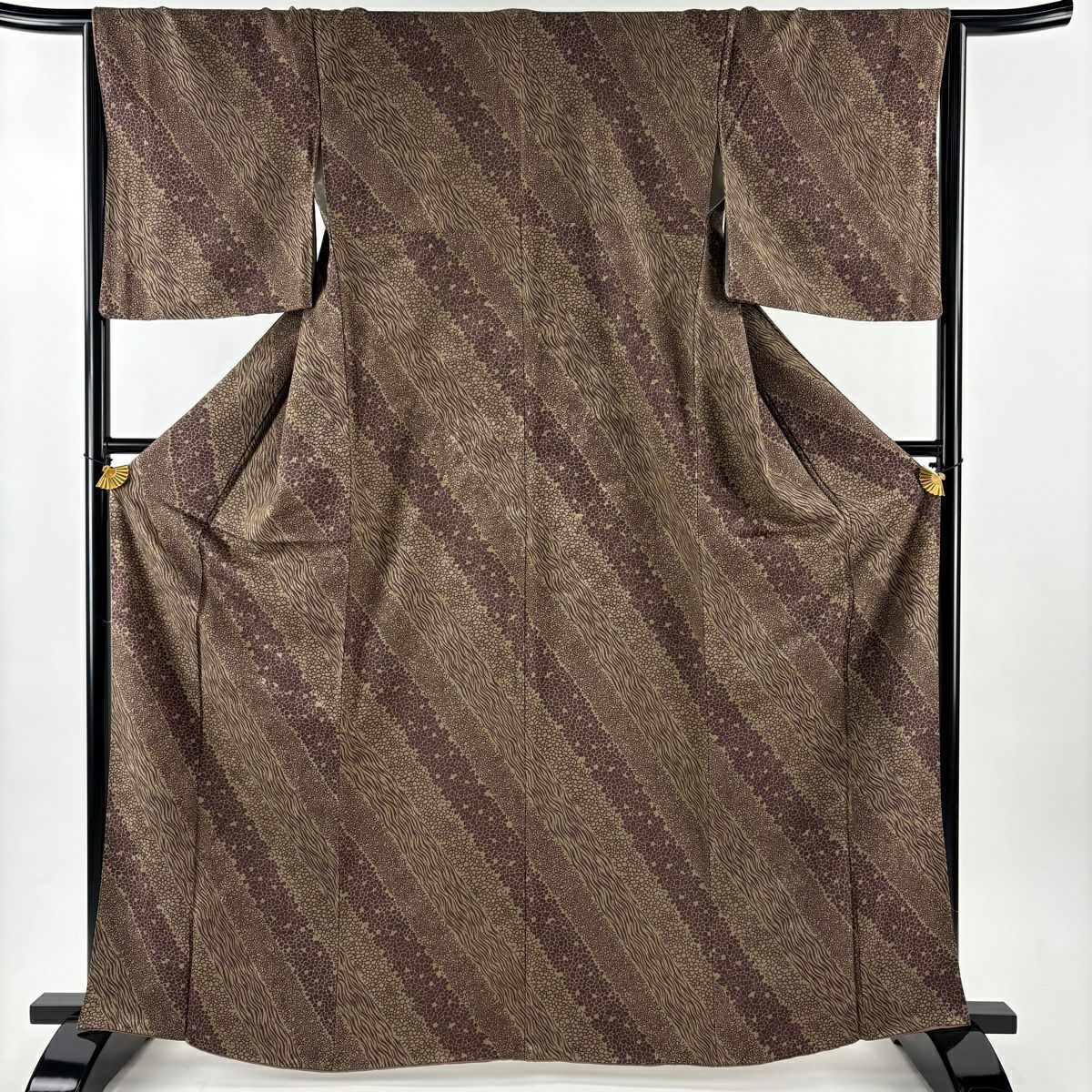 【美品】 小紋 身長165cm 袖長65cm M 雙層 幾何學 茶綠 純蠶絲 秀品級